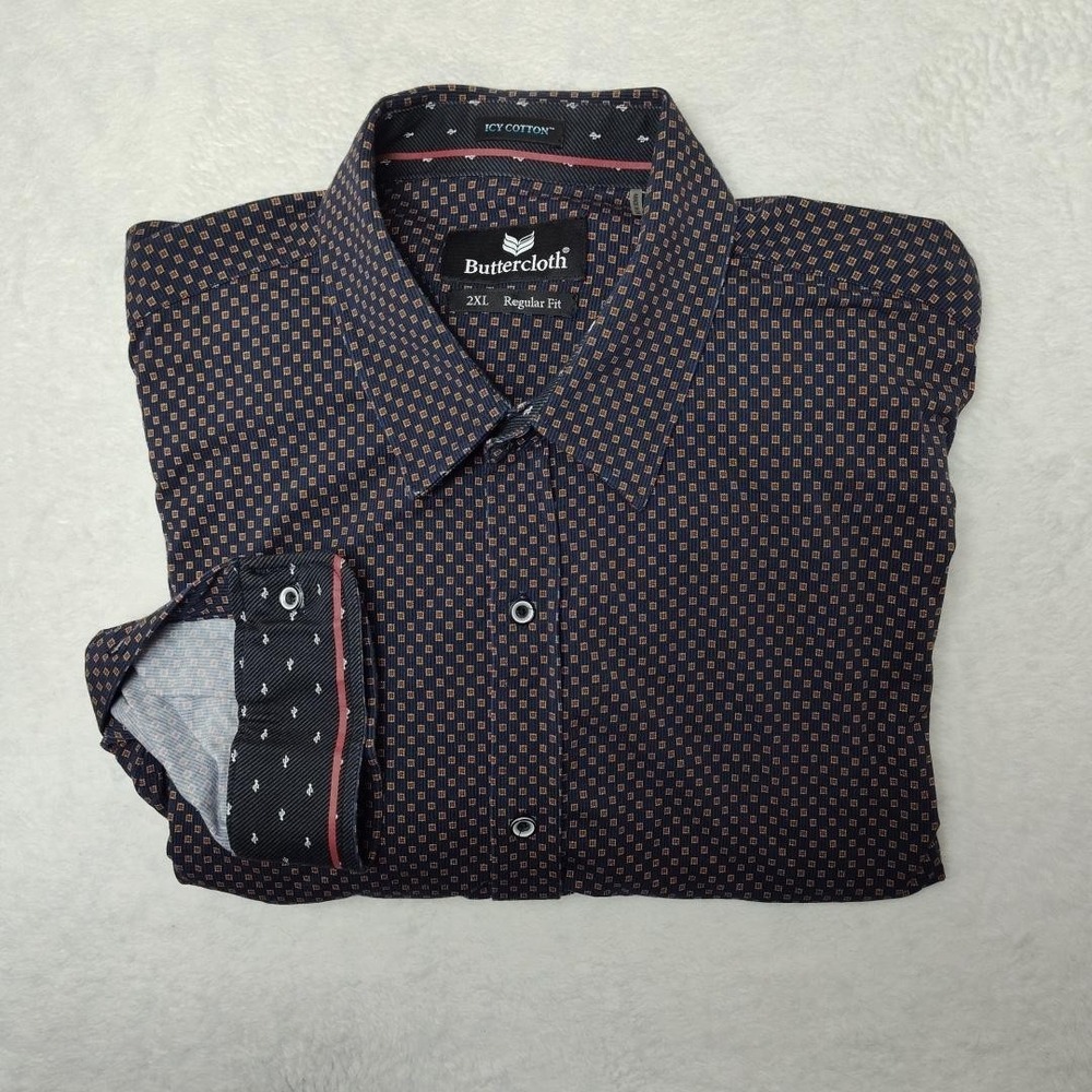 Buttercloth Dress Shirt Mens 2XL Blue Geometric Icy‎ Cotton Stretch Regular Fit